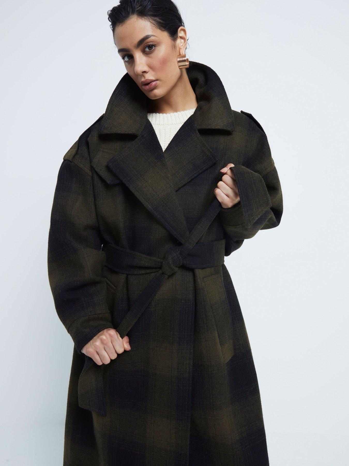 River Island Checked Belted Coat Dark Green Littlewoods