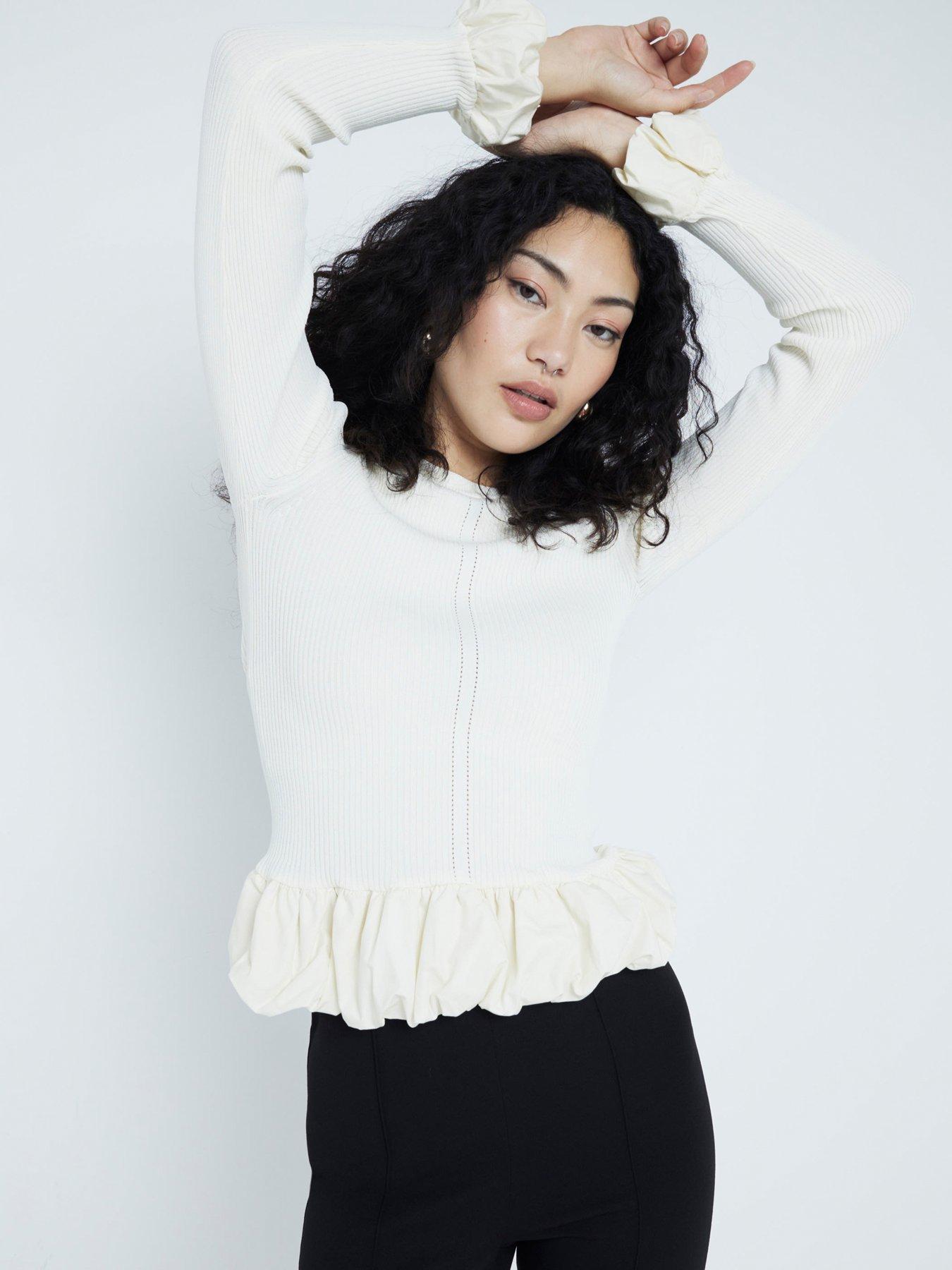 undefined Fabric Mix Bubble Top - Cream
