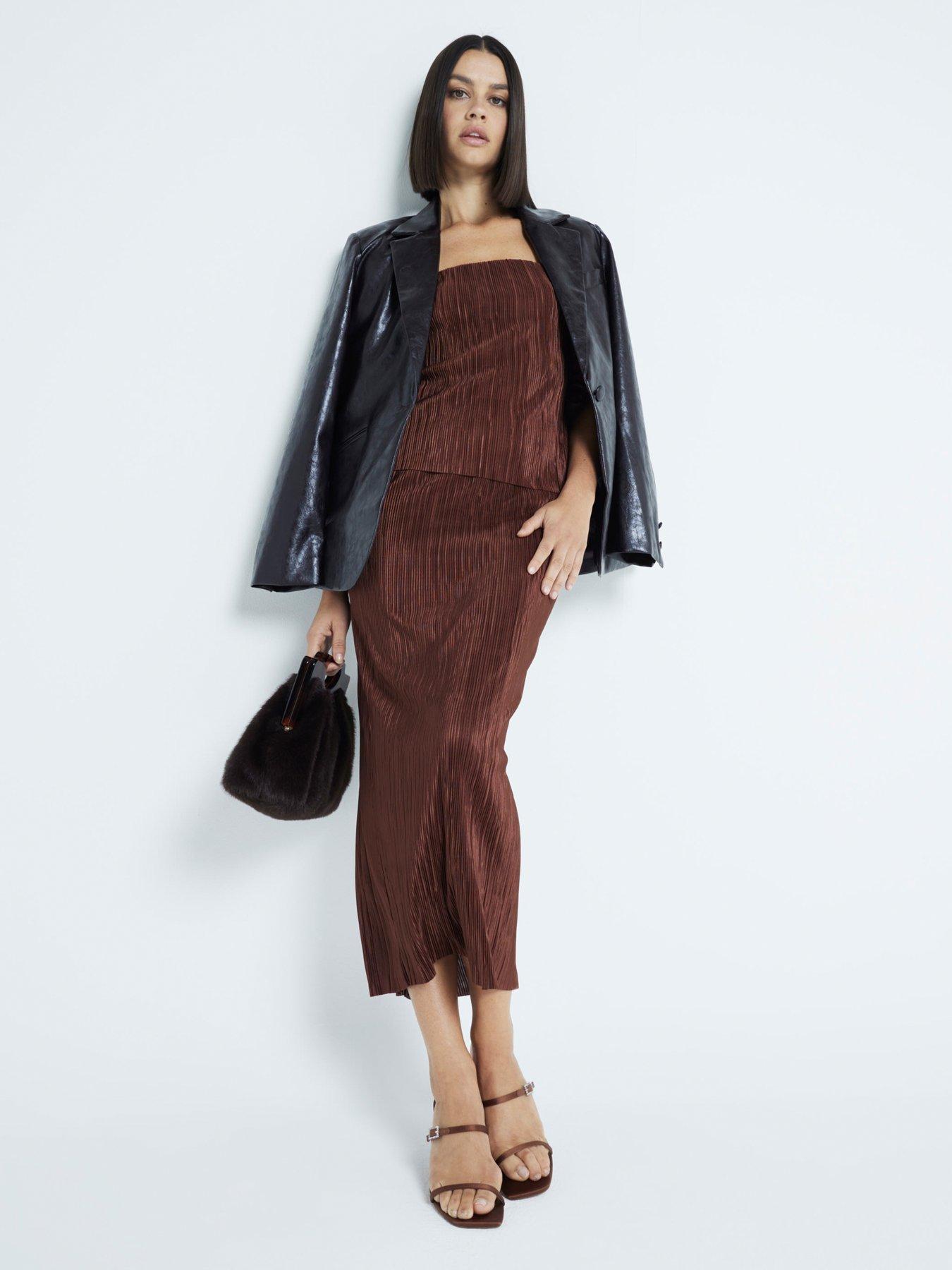 undefined Plisse Midi Skirt Set - Dark Brown