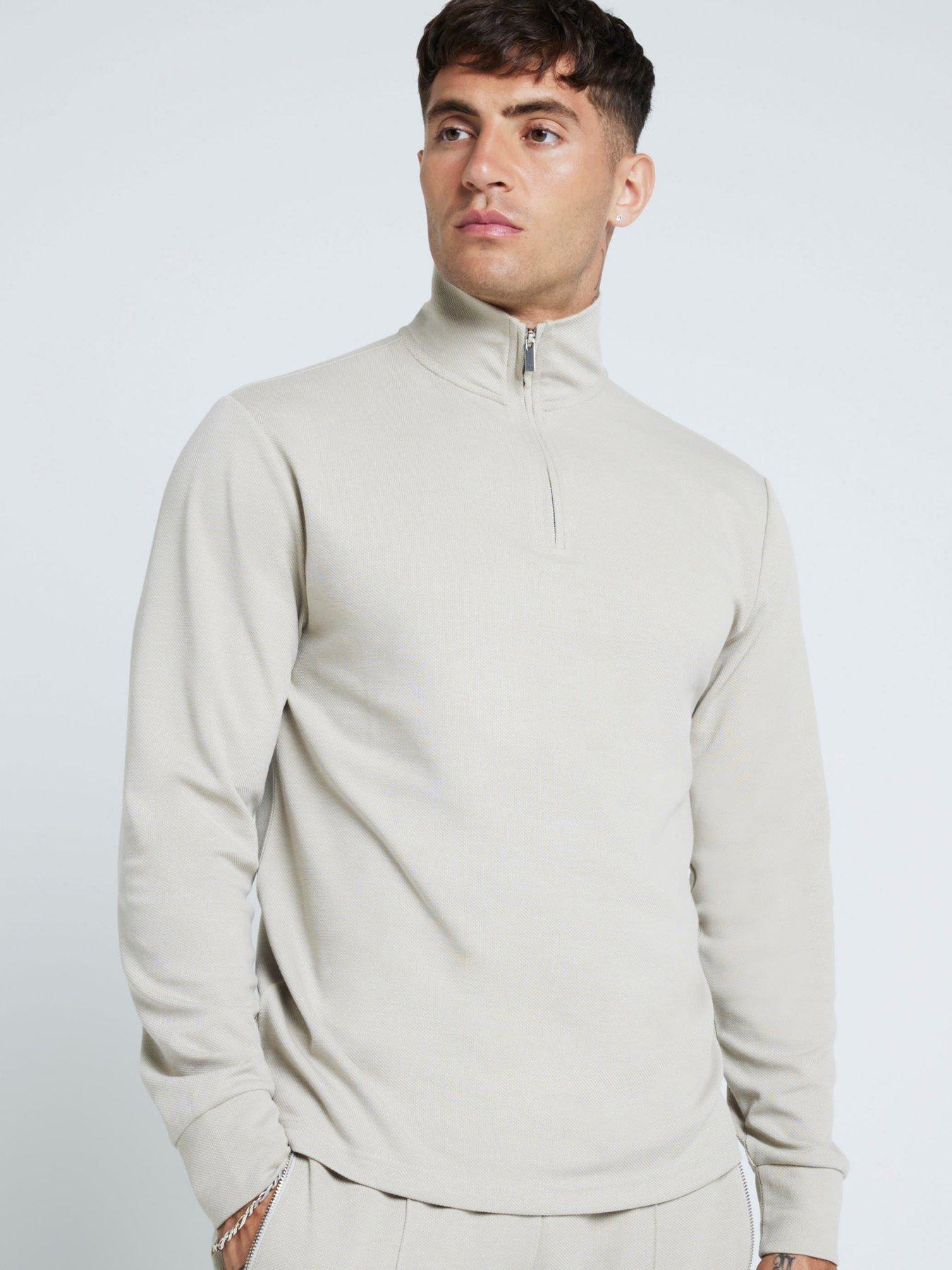 undefined Slim Smart Pique Funnel Neck 1/4 Zip Sweat - Beige