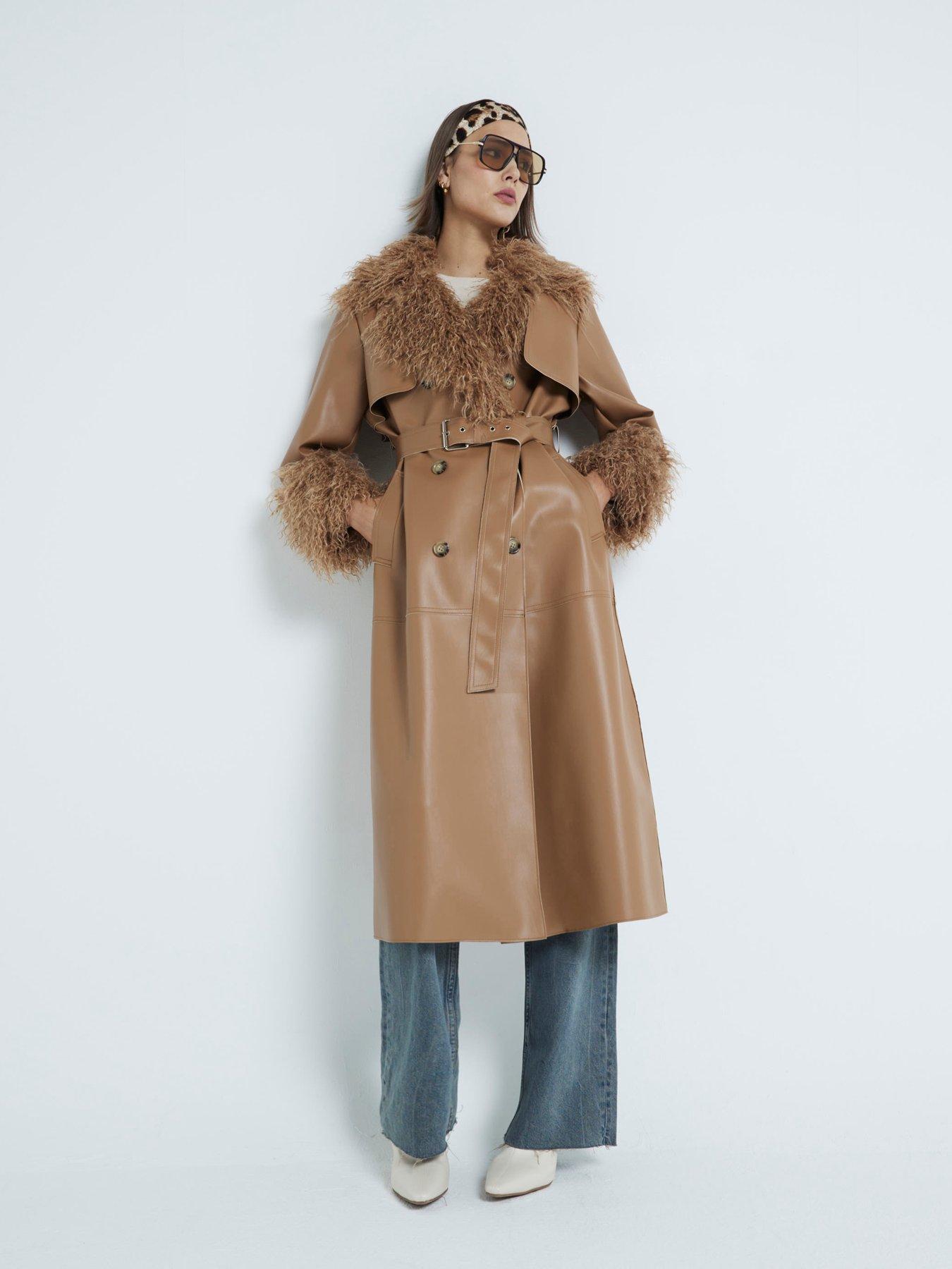 undefined Pu Faux Fur Collar Trench - Brown