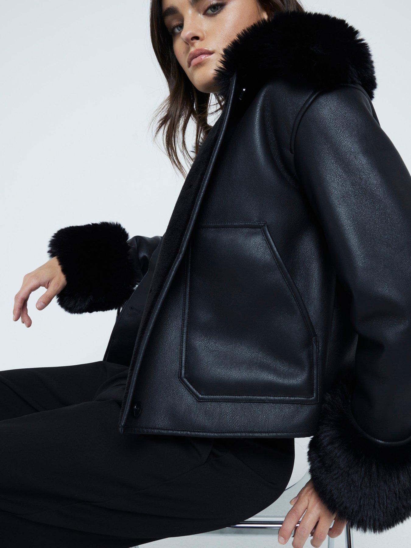 River Island Faux Fur Cuff Shearling Jacket Black Littlewoods