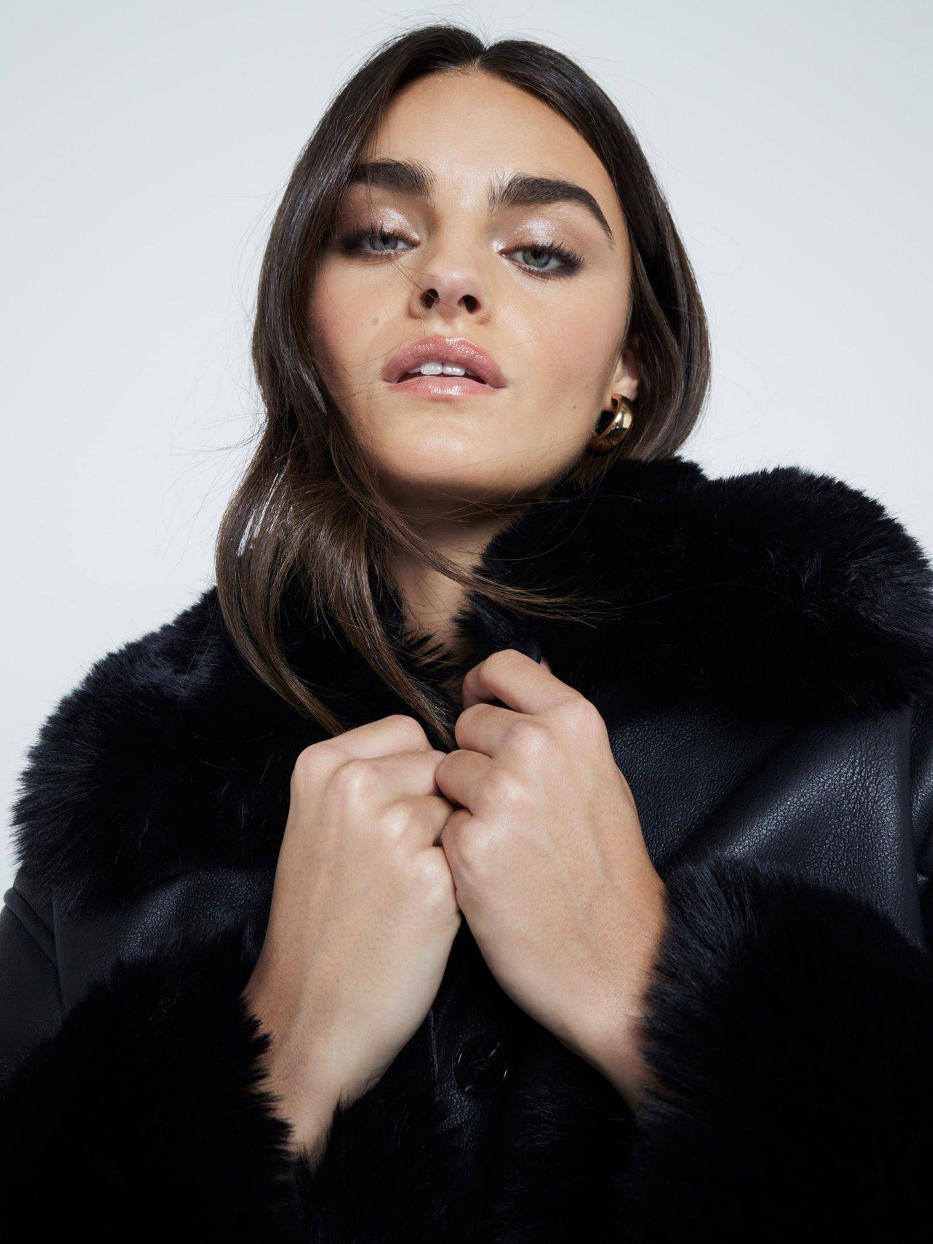 Faux Fur River Island Black Belted Button Detail Coat River Island