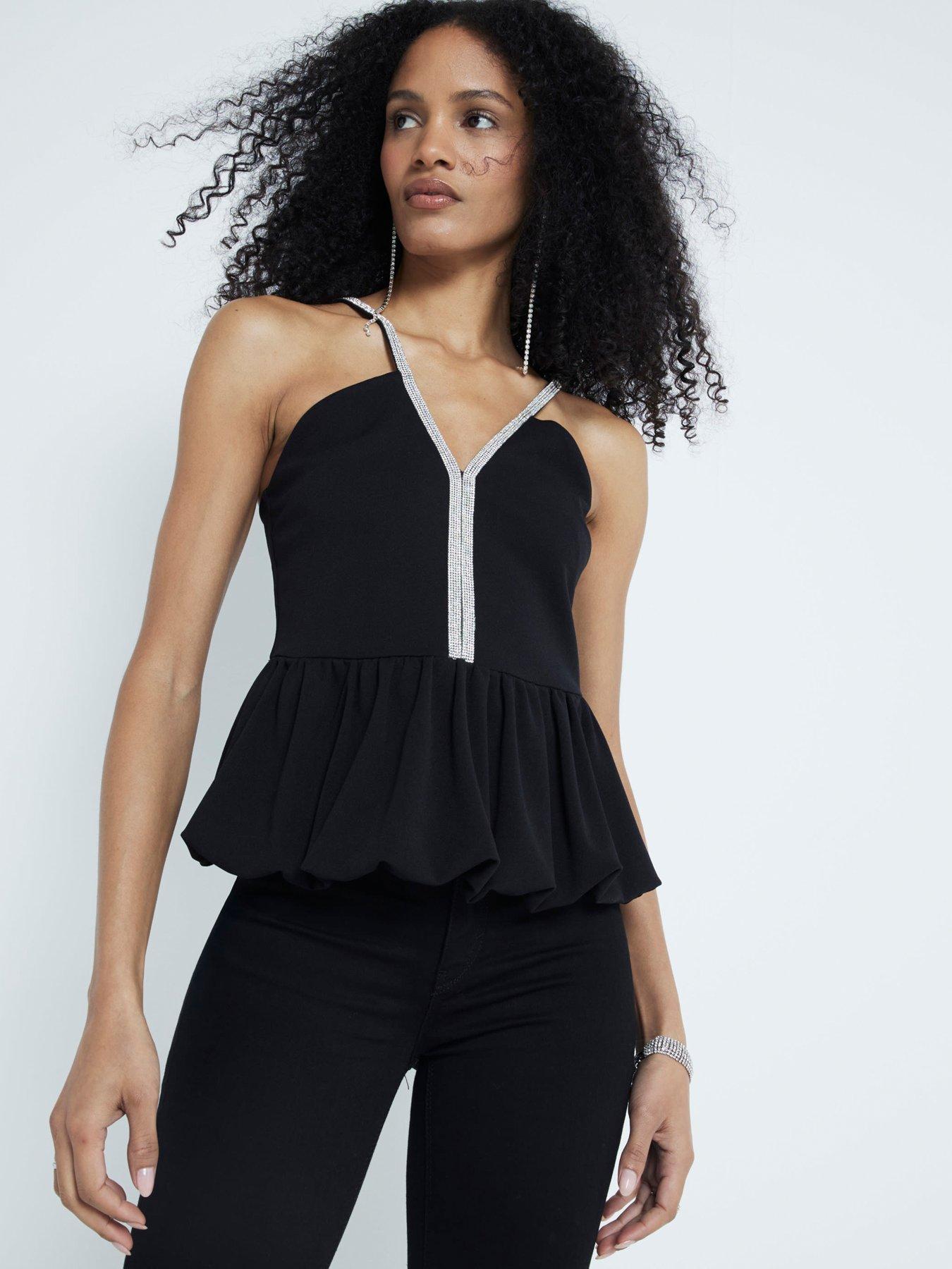 undefined Diamante Trim Puff Hem Top - Black
