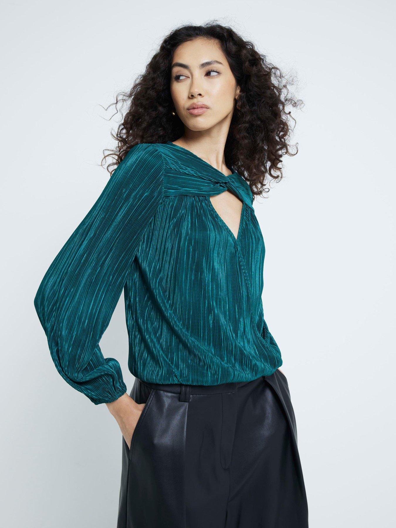 undefined Plisse Bubble Hem Wrap Top - Dark Green