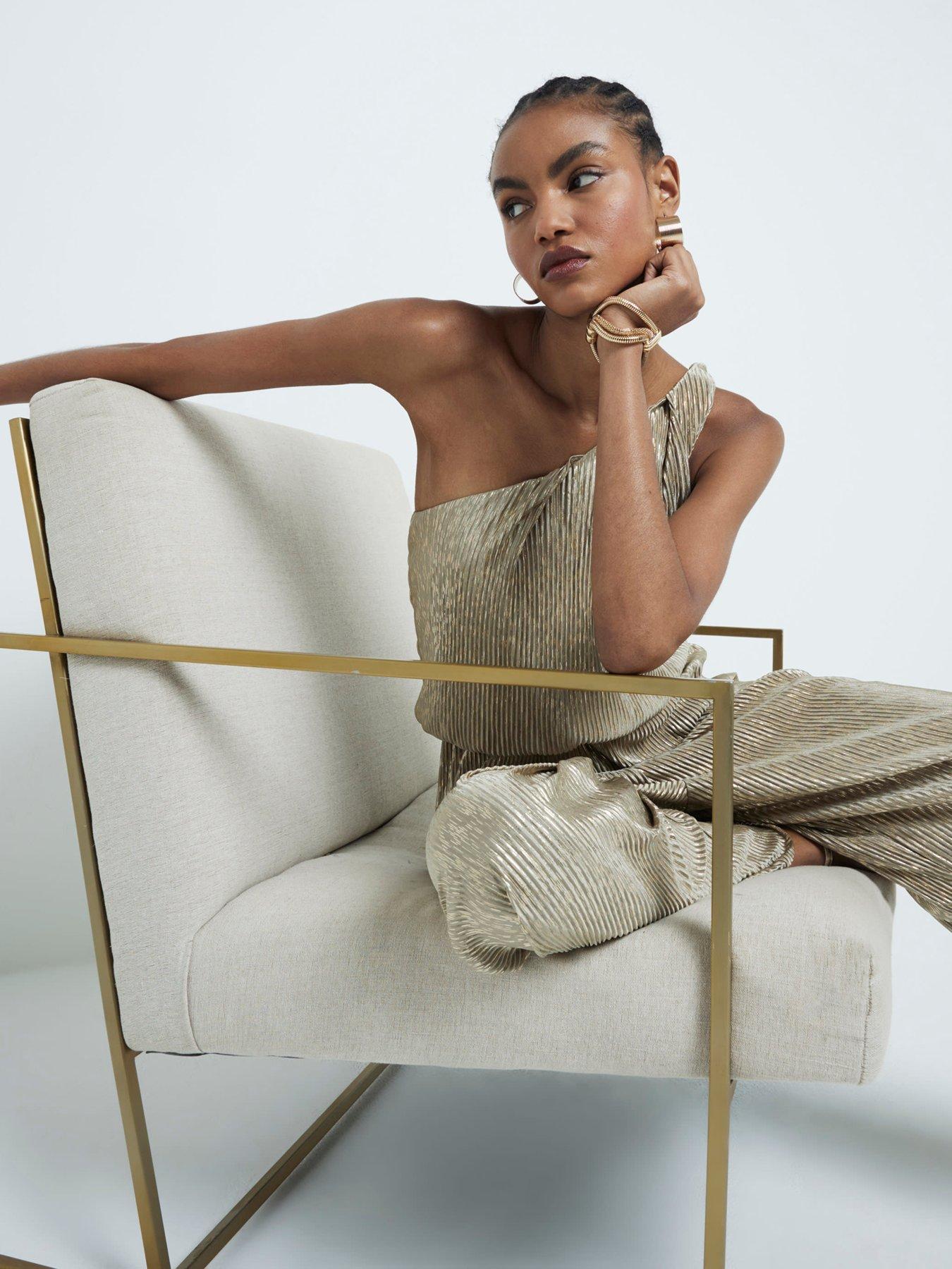 River Island Asymmetric Metallic Plisse Jumpsuit - Gold | Littlewoods