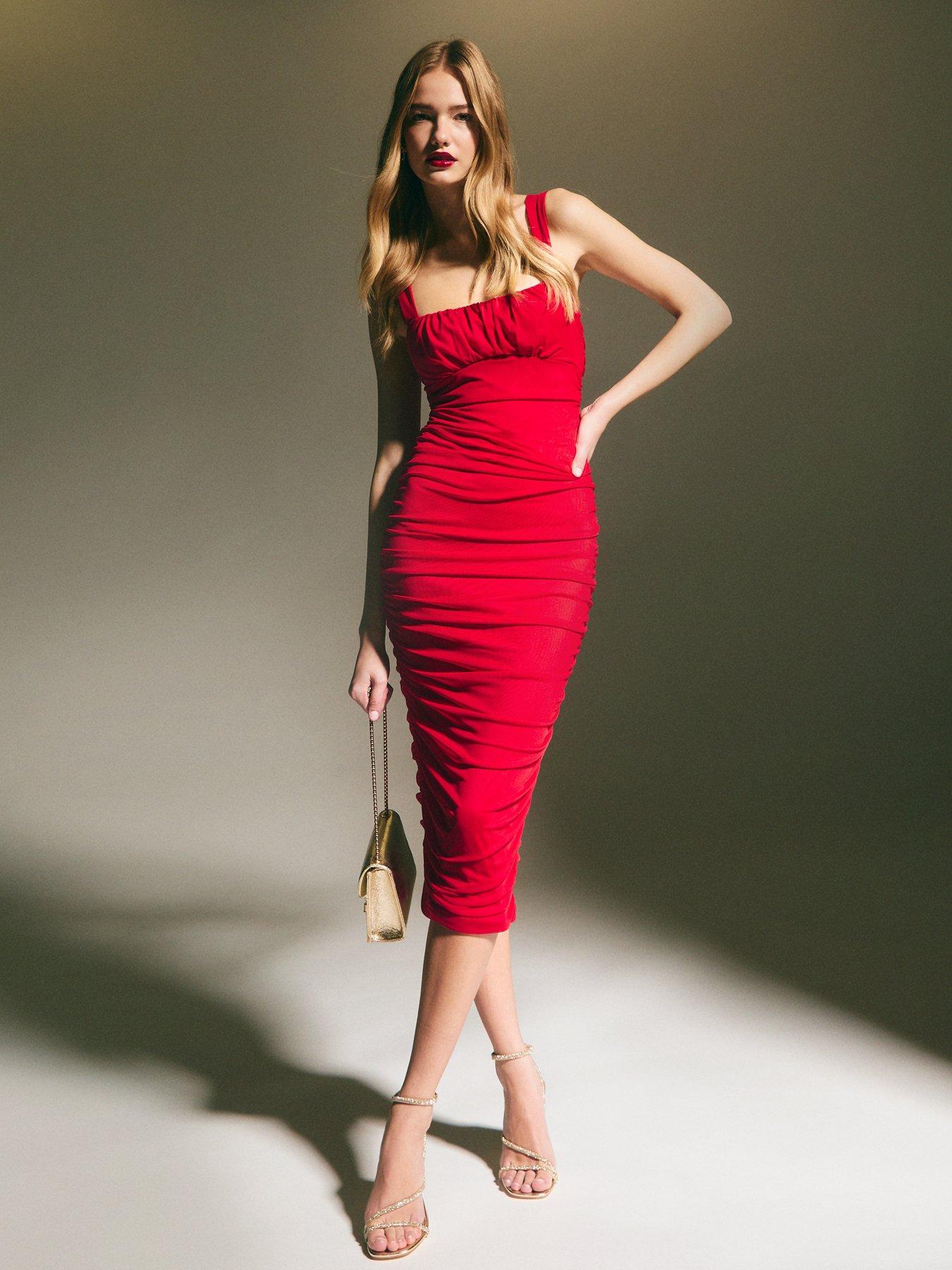One-Shoulder Cut-Out Ruched Slit Midi Dress in Red