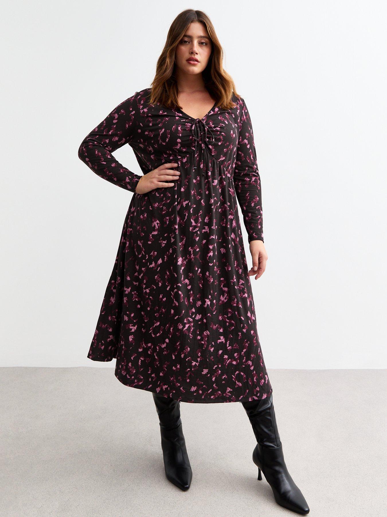 Image 1 of 4 of New Look Curves Black Fossil Animal Jersey Midi Dress - Print