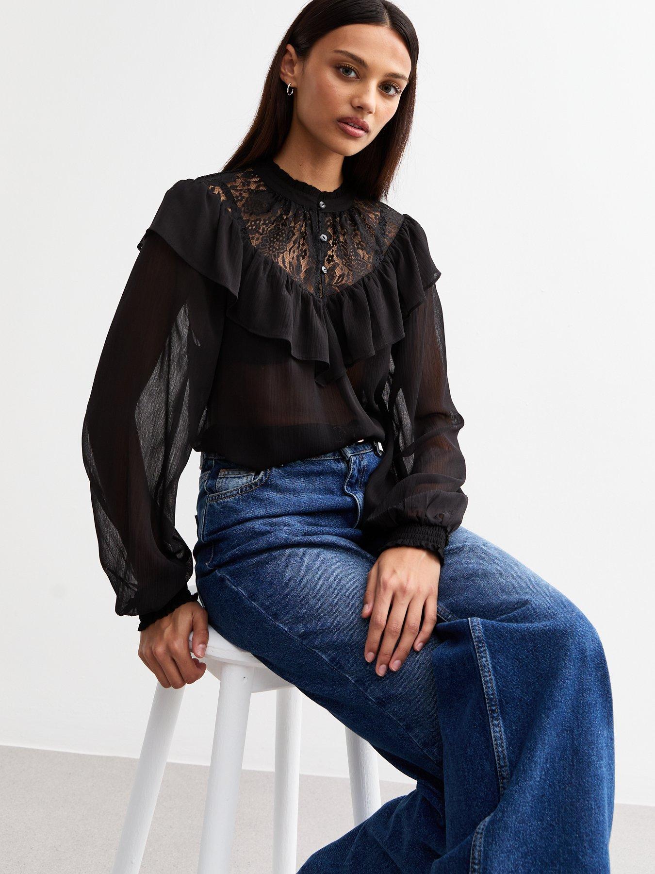 undefined Lace Frill Trim Sheer Chiffon Top - Black