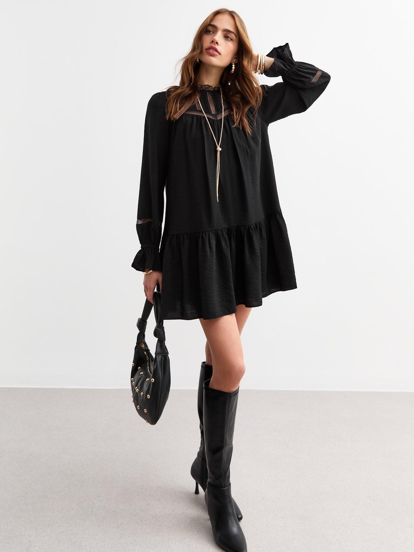 undefined Lace Insert Mini Smock Dress - Black