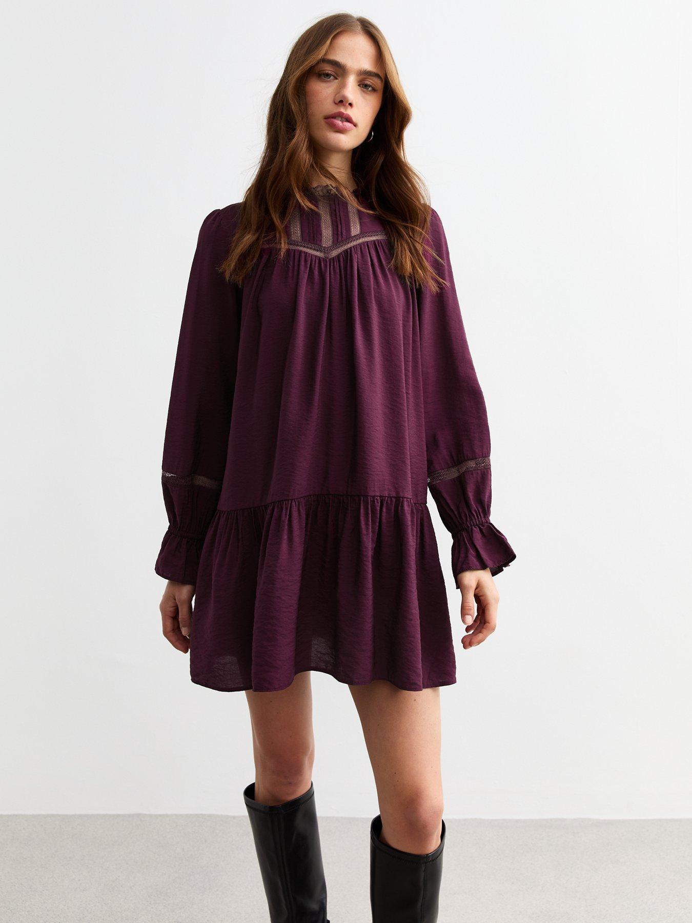 undefined Burgundy Lace Insert Mini Smock Dress - Red