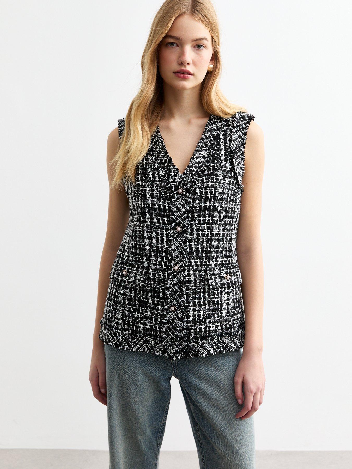  image of new-look-black-checked-boucleacute-waistcoat-print