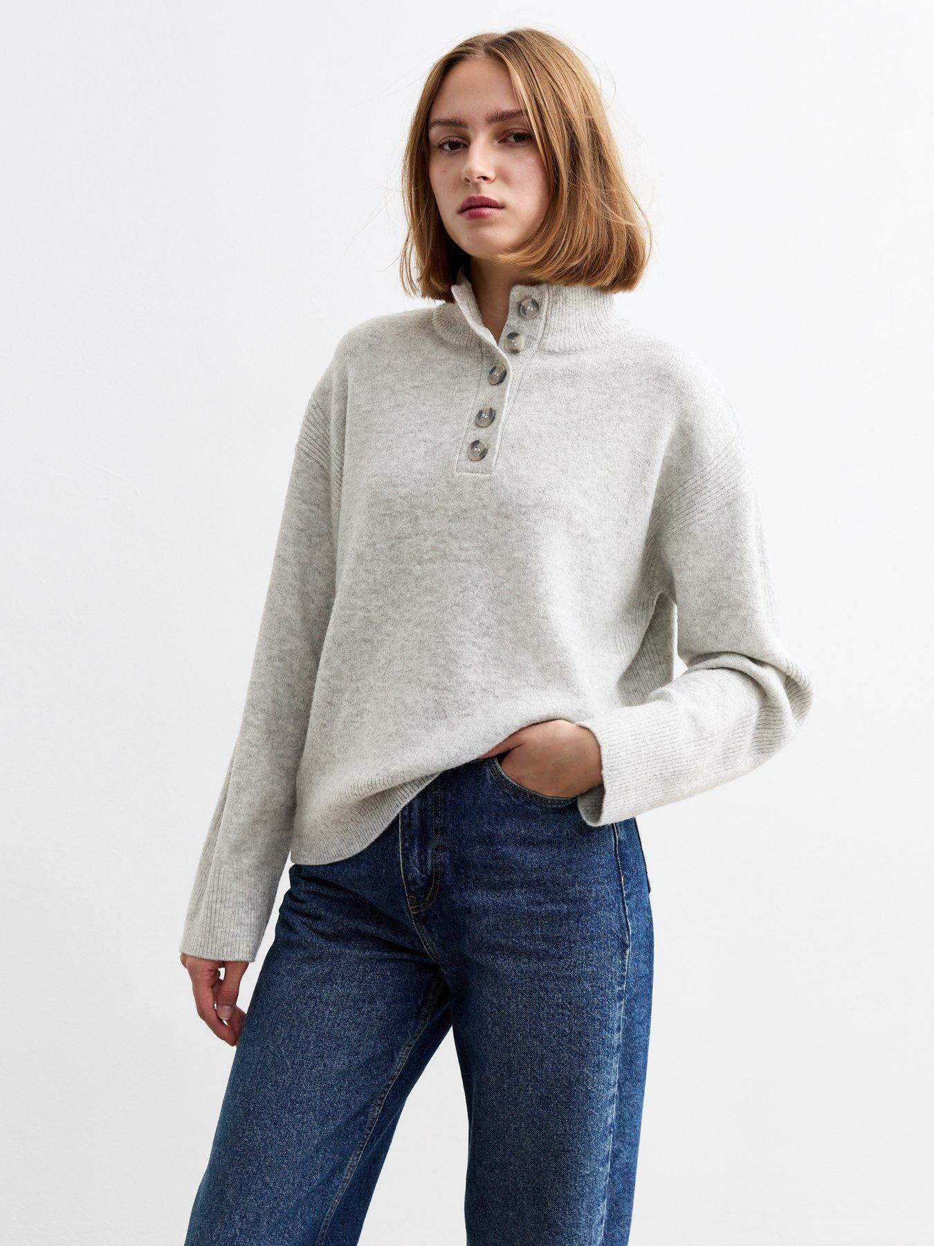 undefined High Neck Button Up Jumper - Grey
