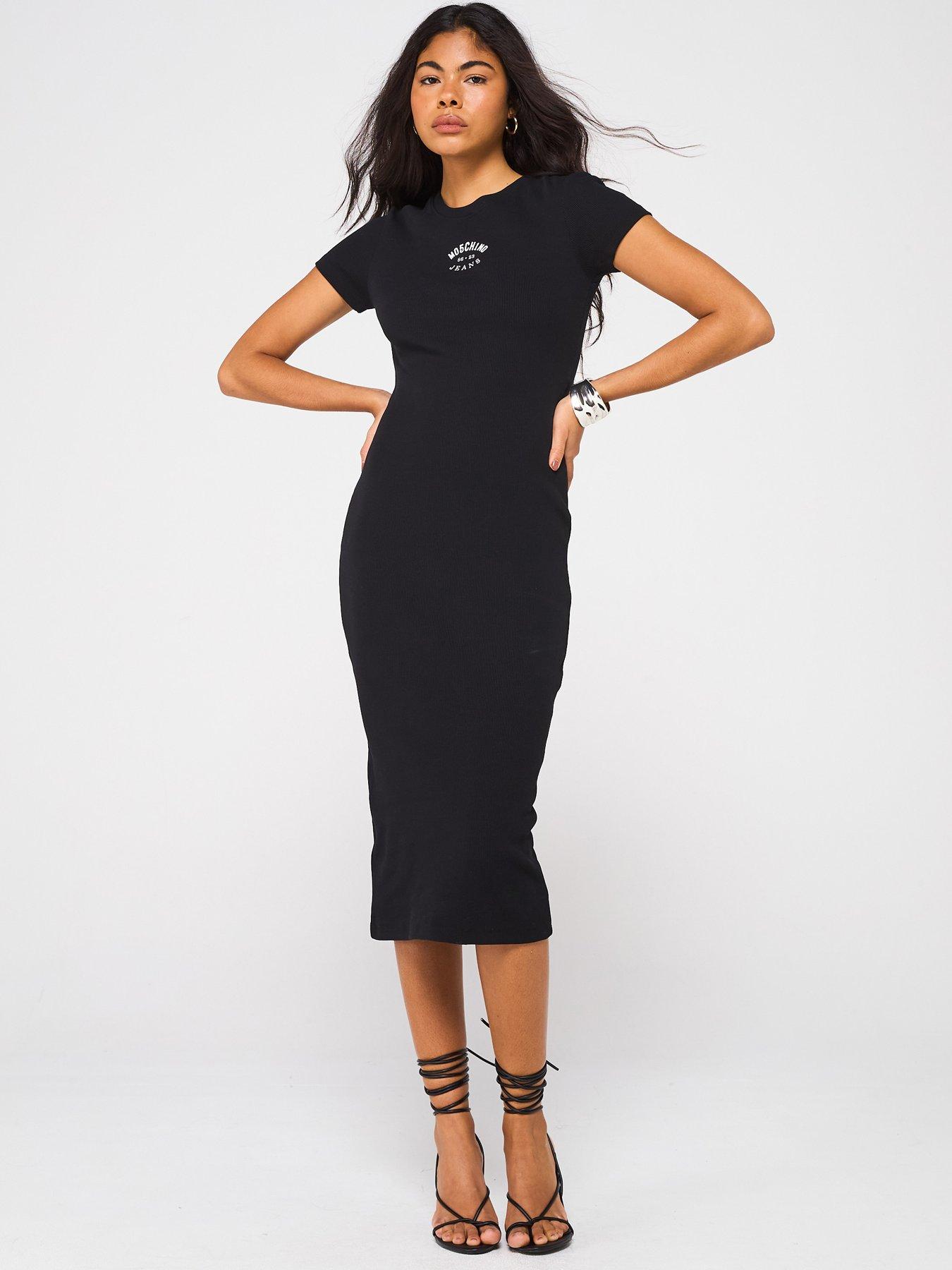 Image 1 of 6 of Moschino Jeans Fitted Logo Midi Dress - Black
