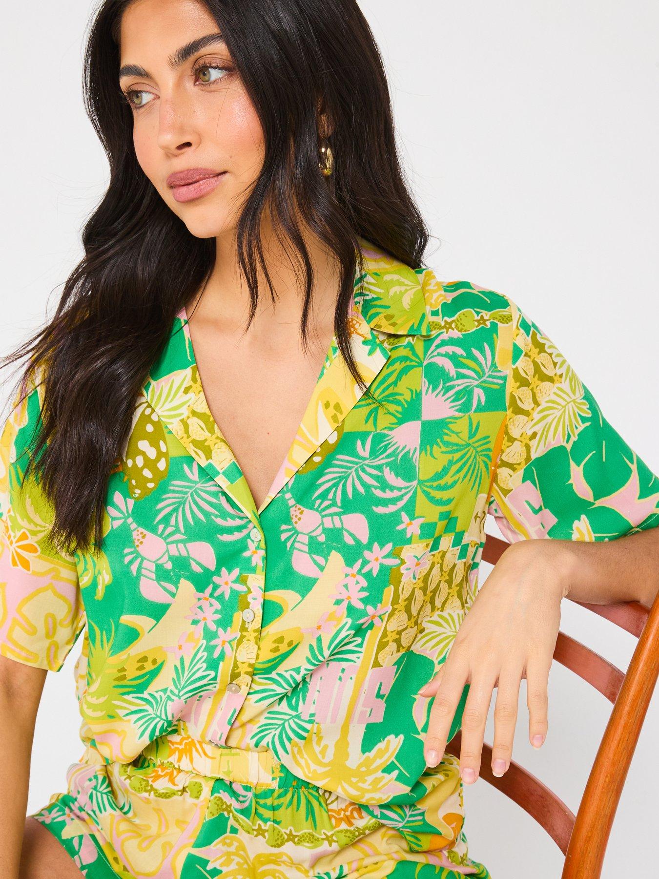  image of v-by-very-short-sleeve-beach-co-ord-shirt-print