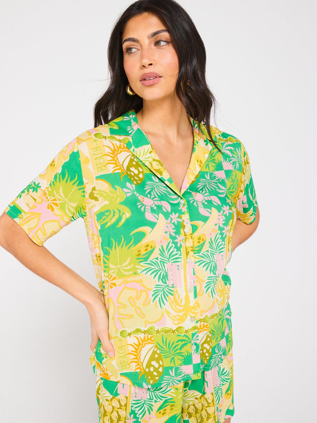  image of v-by-very-short-sleeve-beach-co-ord-shirt-print