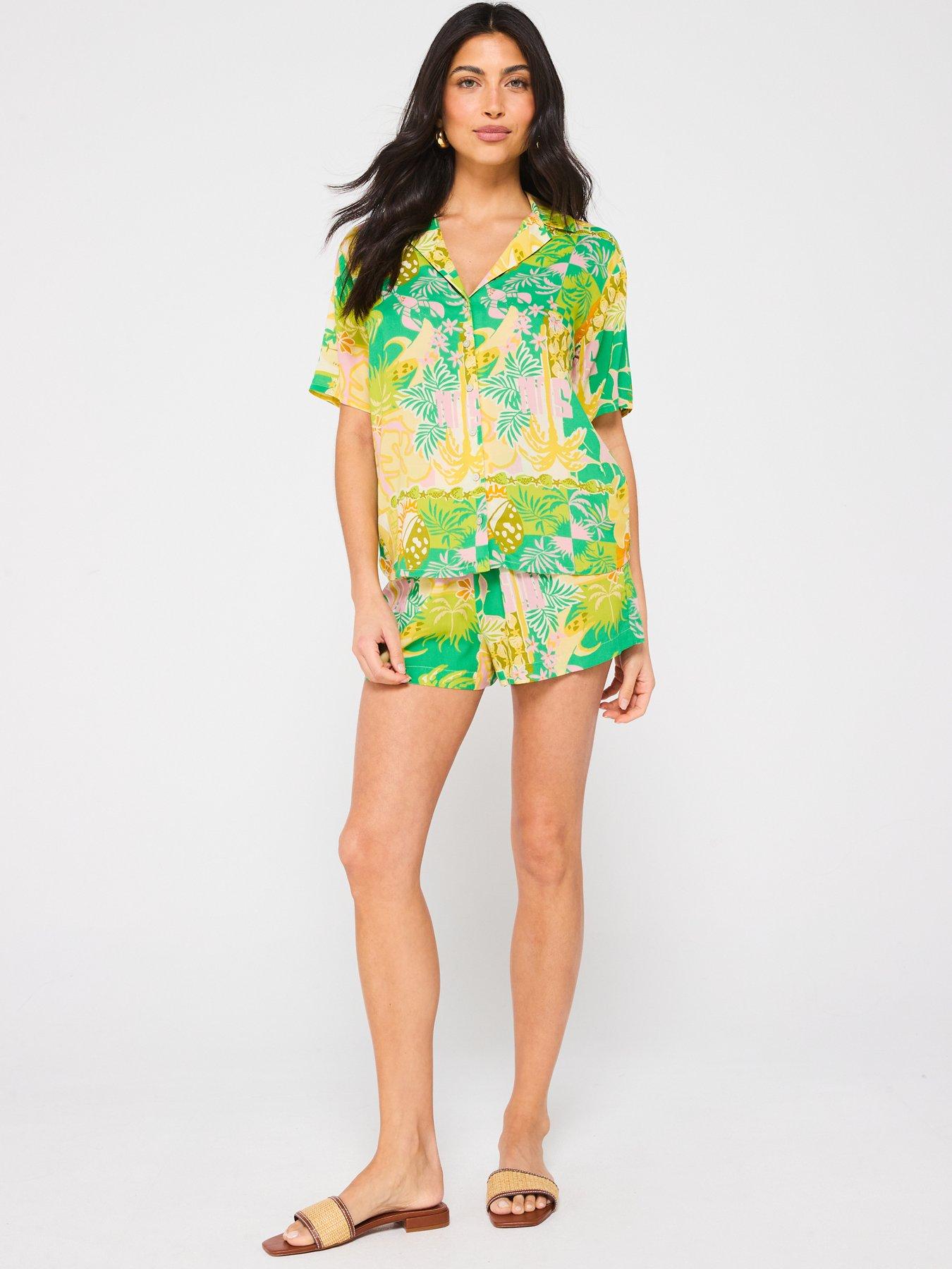  image of v-by-very-short-sleeve-beach-co-ord-shirt-print