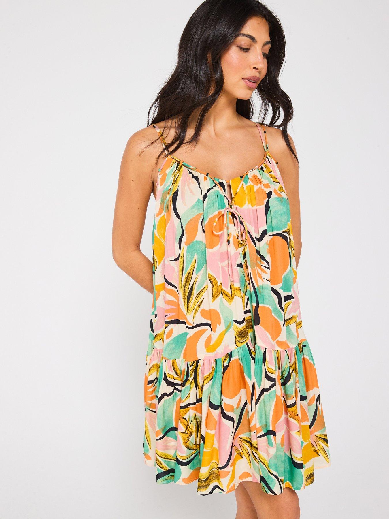 V by Very Strappy Tiered Beach Mini Dress Print Littlewoods
