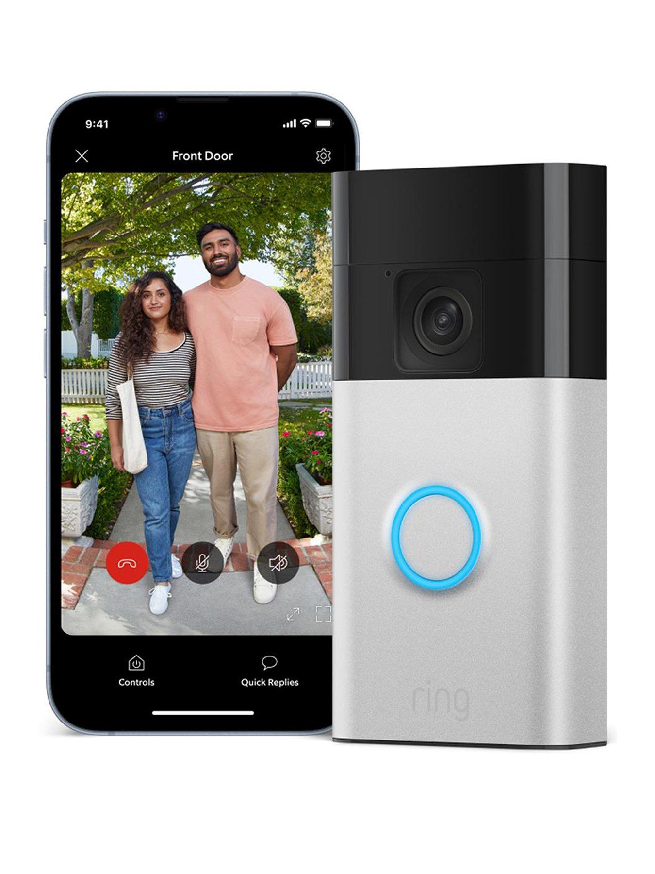  image of ring-ring-video-doorbell-3rd-gen-satin-nickel-and-amazon-echo-pop-white-smart-speaker