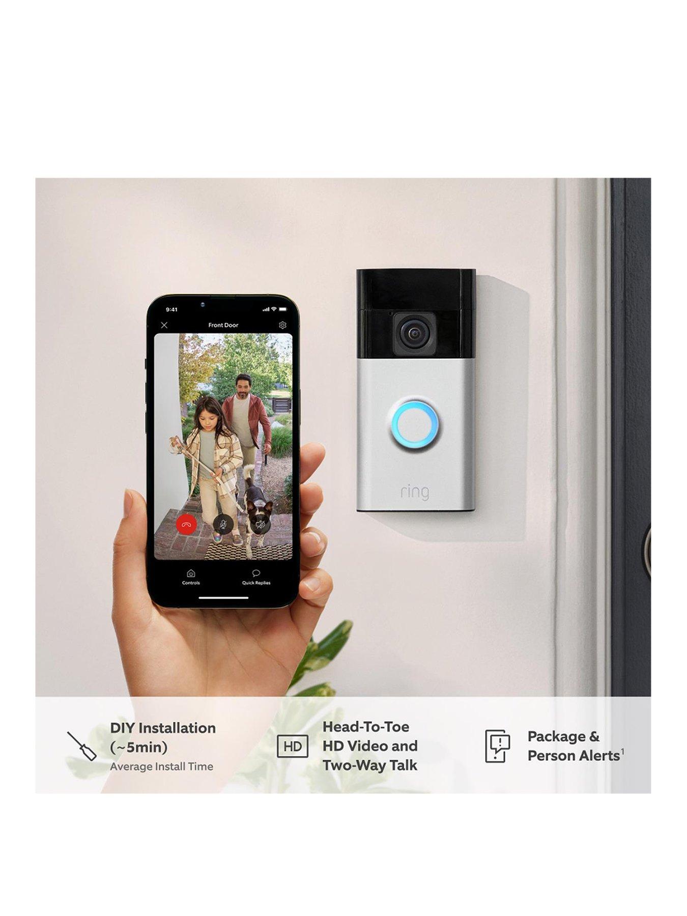  image of ring-ring-video-doorbell-3rd-gen-satin-nickel-and-amazon-echo-pop-white-smart-speaker