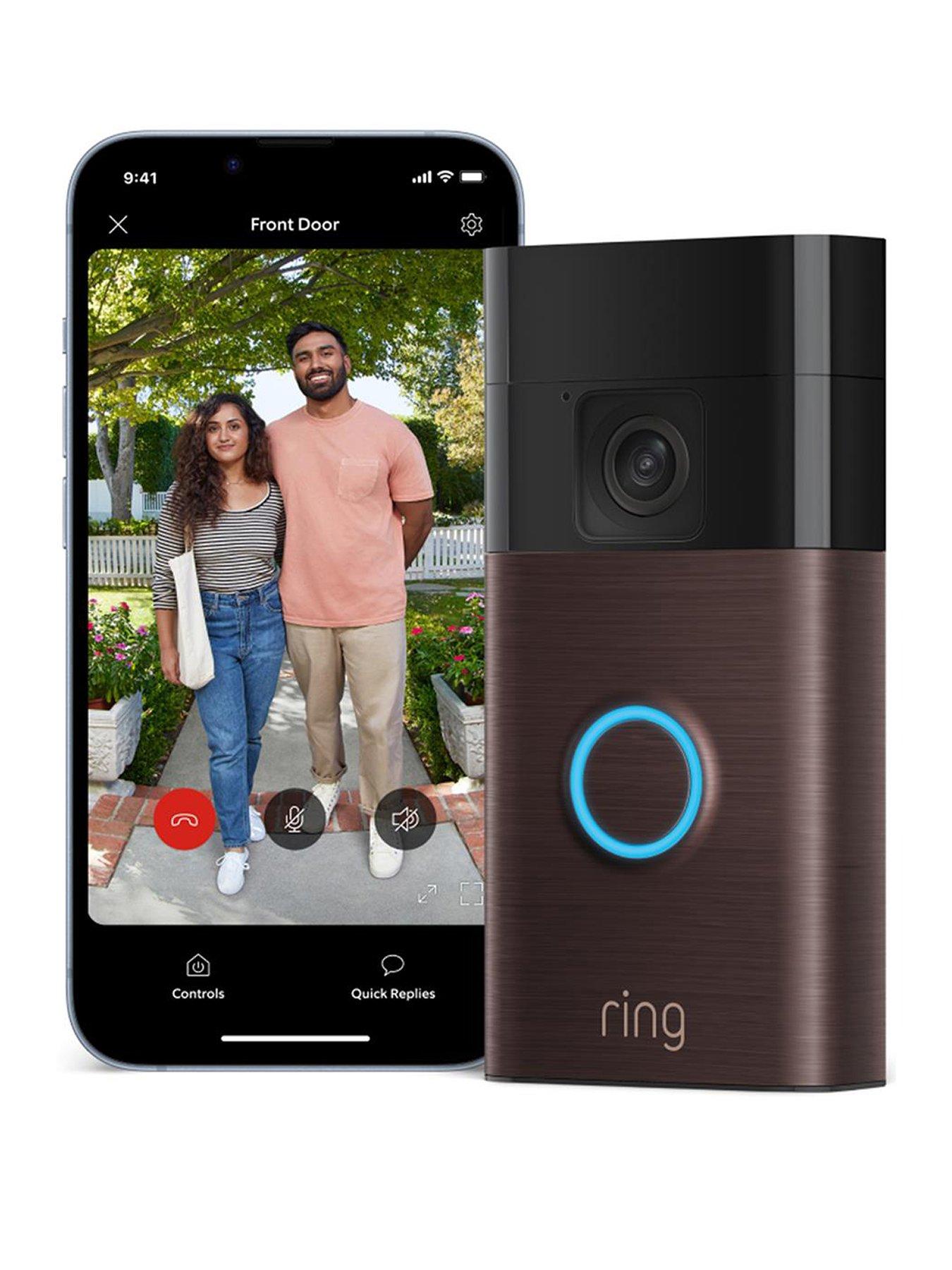  image of ring-video-doorbell-3rd-gen-venetian-bronze-and-amazon-echo-pop-black-smart-speaker
