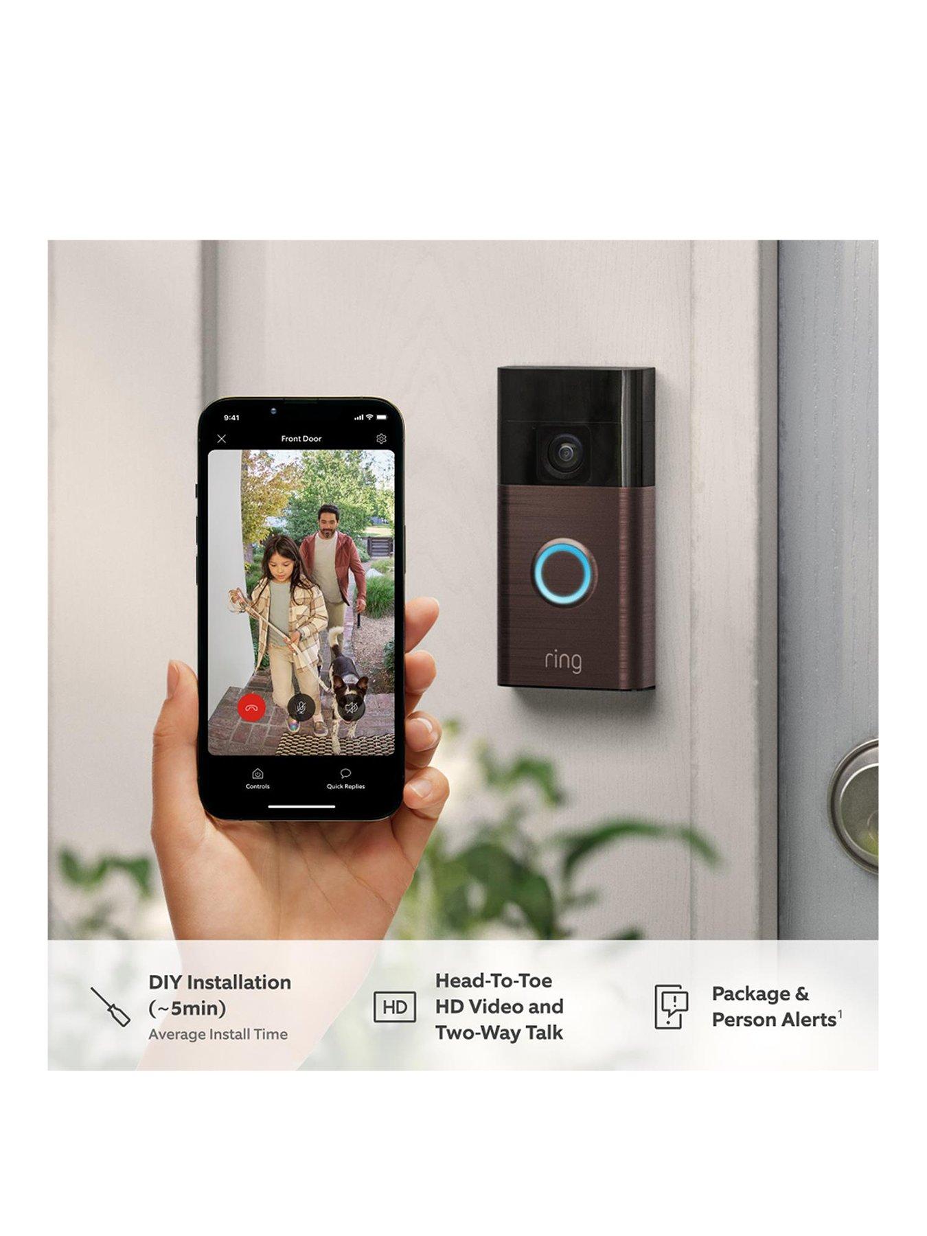  image of ring-video-doorbell-3rd-gen-venetian-bronze-and-amazon-echo-pop-black-smart-speaker