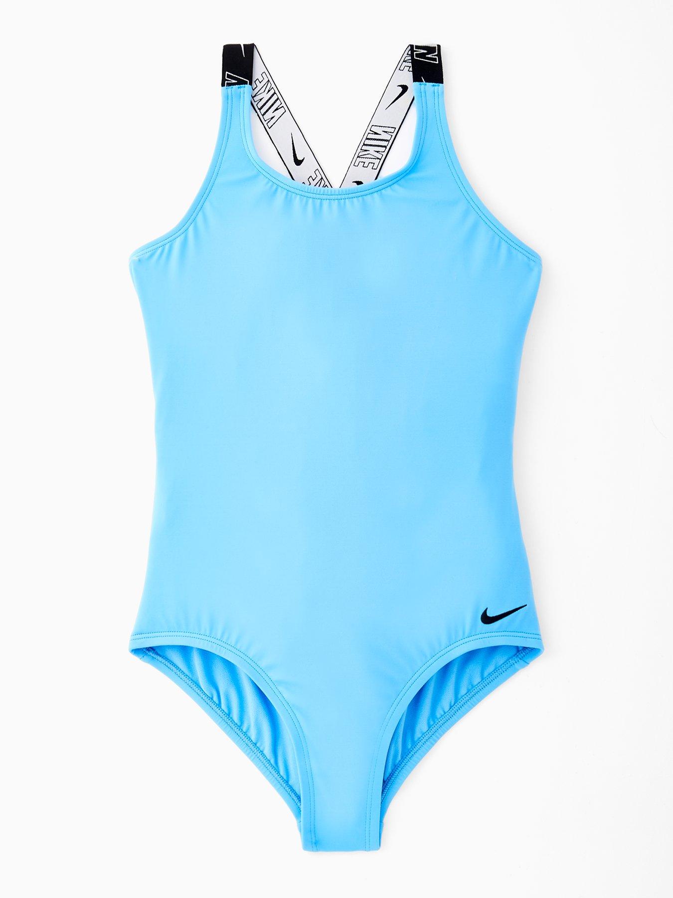 undefined Girls Logo Taping Crossback One Piece Swimsuit - Blue