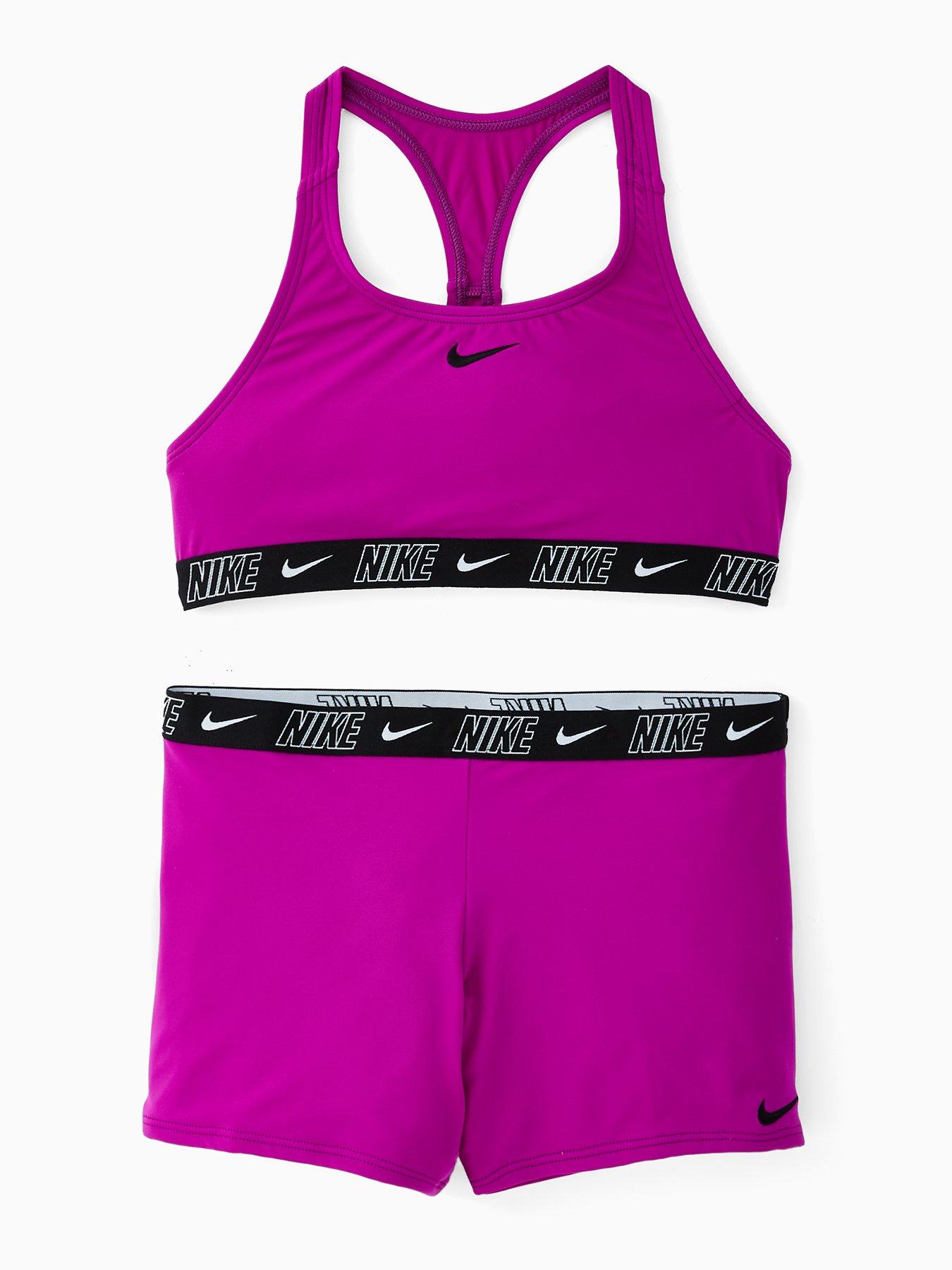 Image 1 of 5 of Nike Girls Logo Taping Crossback One Piece Swimsuit - Purple