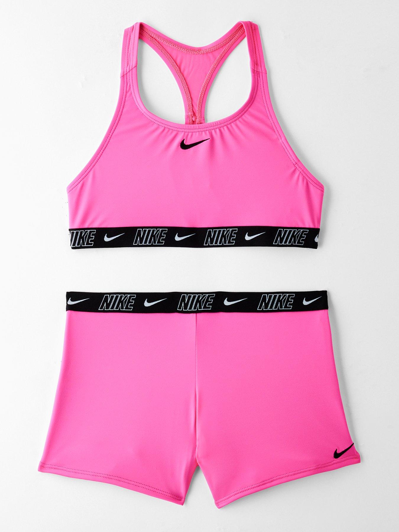 Image 1 of 5 of Nike Girls Logo Taping Crossback One Piece Swimsuit - Pink