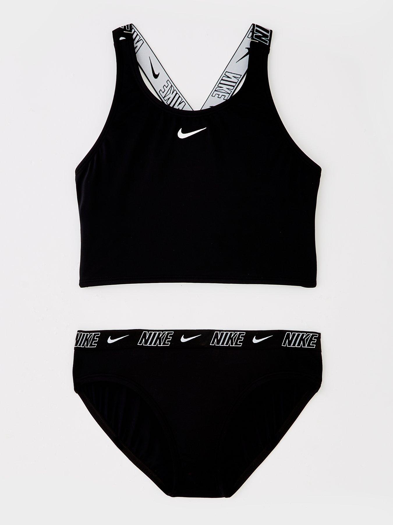 undefined Girls Logo Taping Crossback One Piece Swimsuit - Black