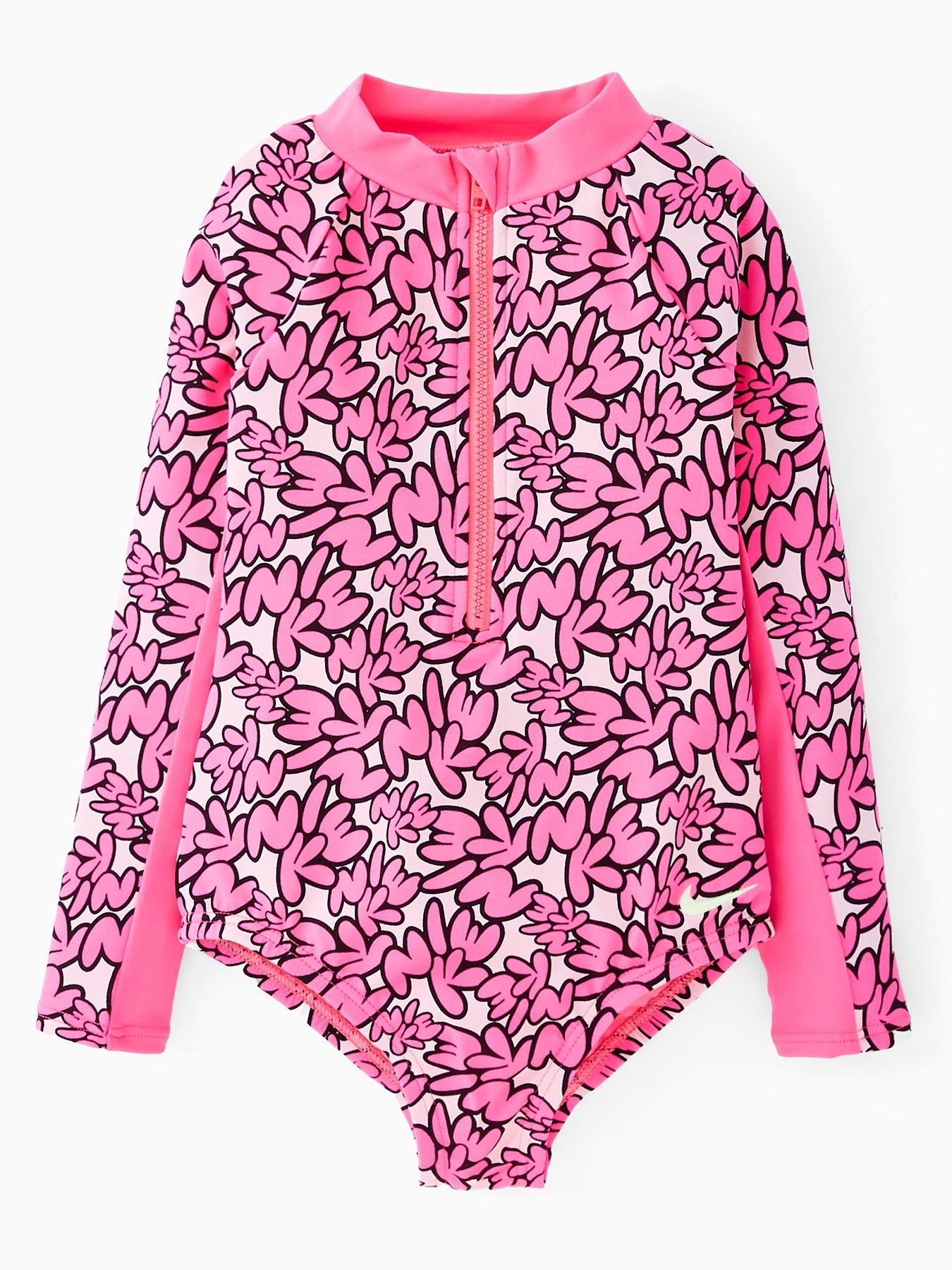 Image 1 of 4 of Nike Younger Girls Bubble Font Long Sleeve One Piece Swimsuit - Pink