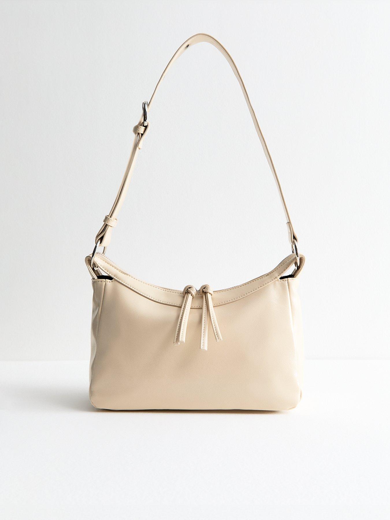undefined Cream Crinkled Faux Leather Shoulder Bag