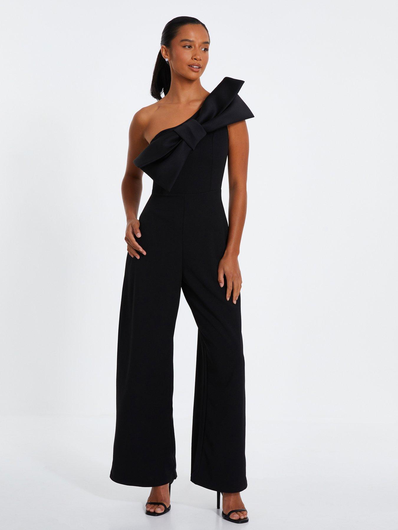 Petite Black One Shoulder Bow Palazzo Jumpsuit