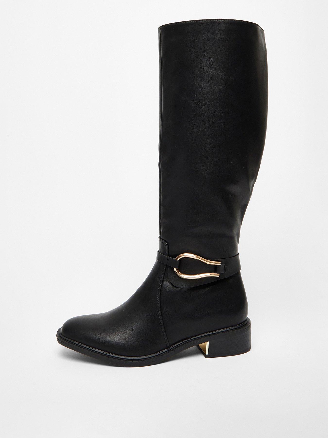 Black faux leather flat over the knee boots hotsell