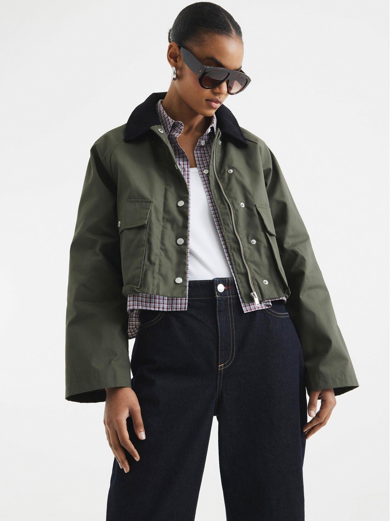 front image of river-island-waxed-collar-jacket-dark-khaki
