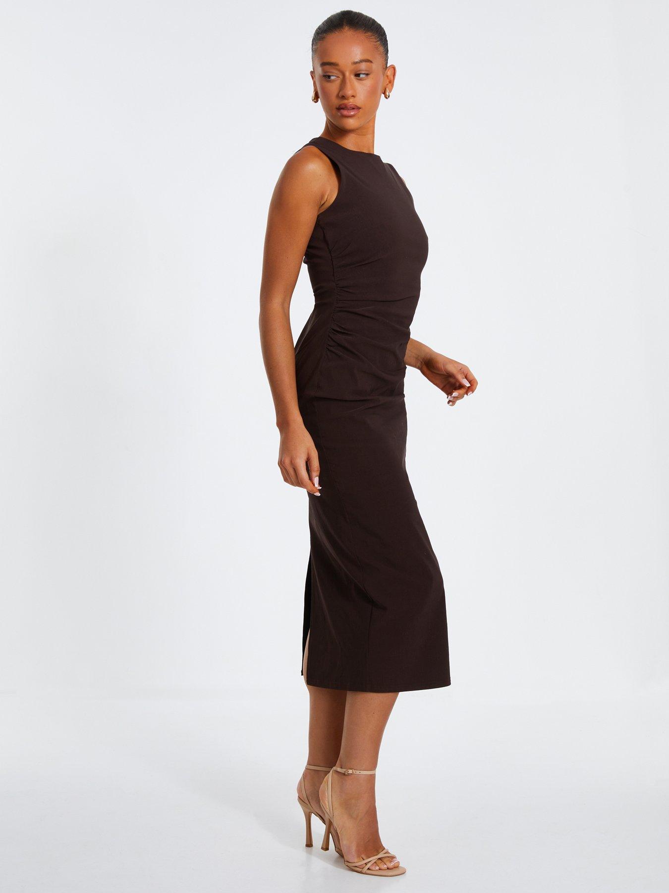 quiz ruched midi dress Quiz Brown Ruched Midi Dress