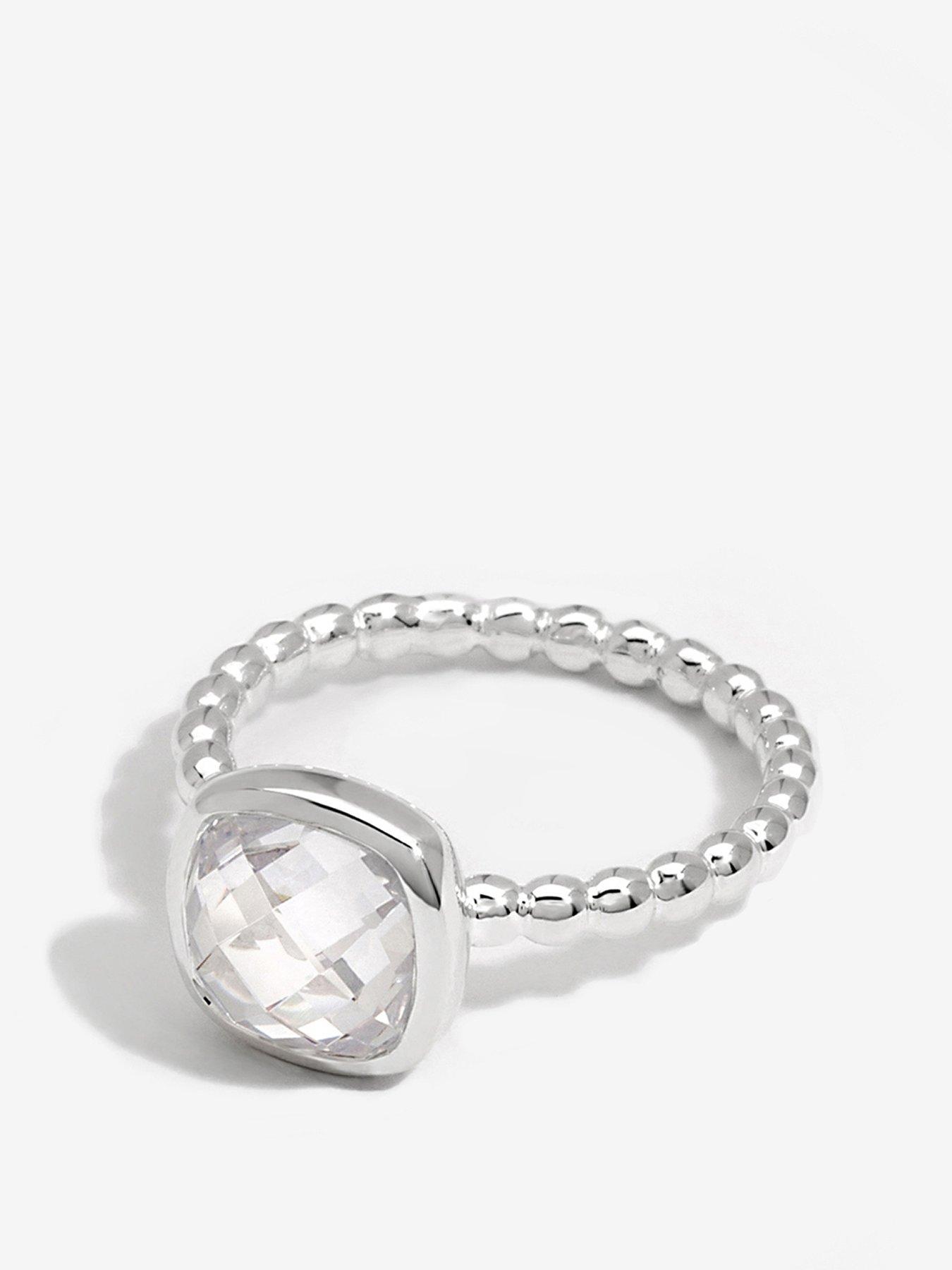 undefined Sterling Silver 925 Beaded Polished And Cubic Zirconia Centre Ring - S