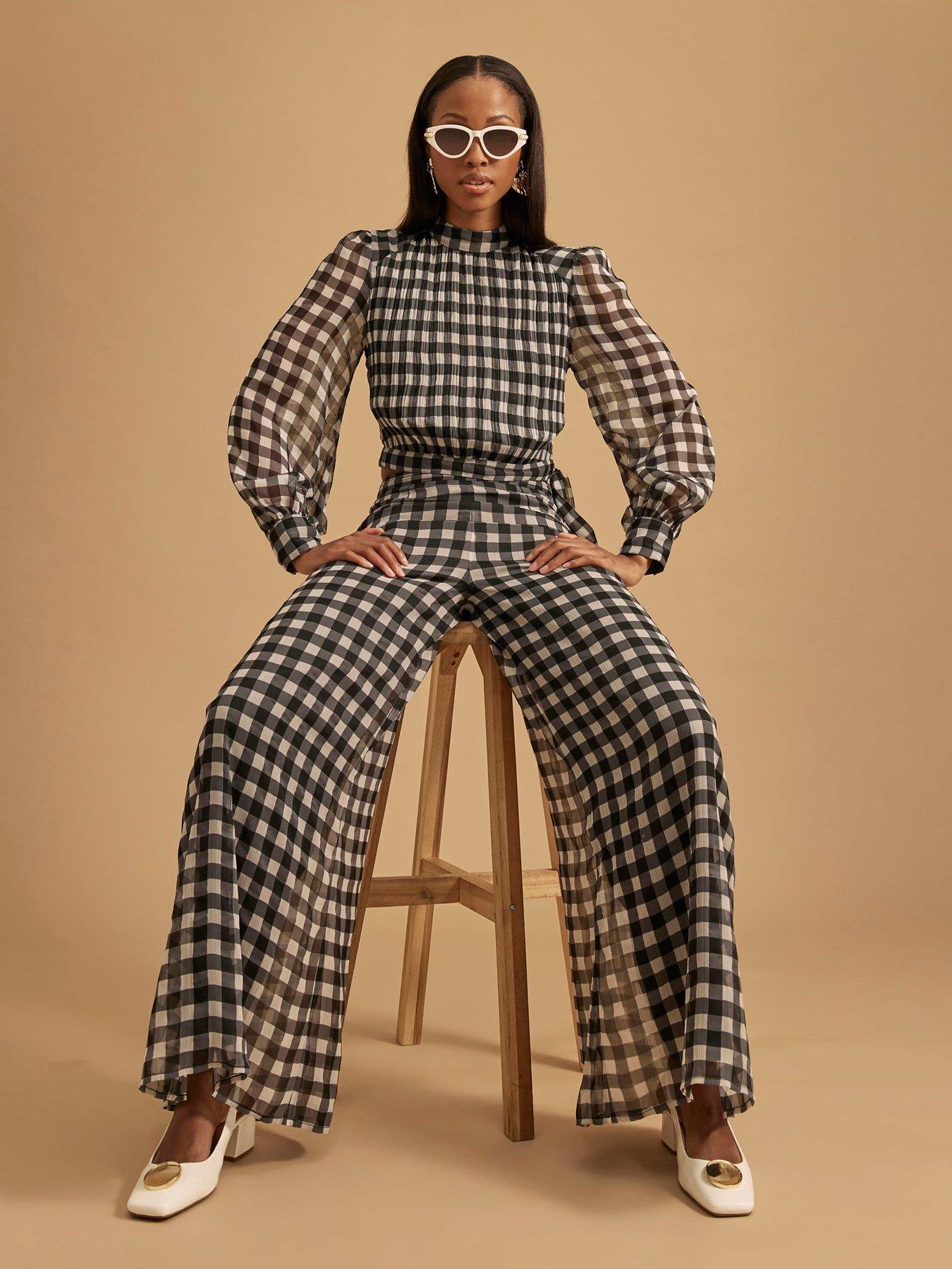  image of river-island-gingham-wide-leg-trouser-black