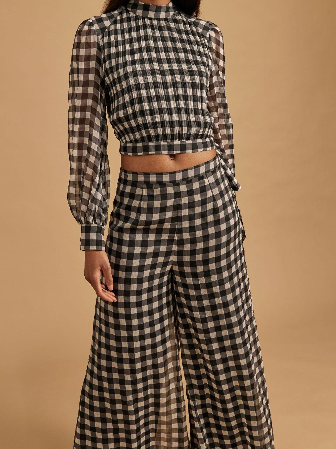  image of river-island-gingham-wide-leg-trouser-black