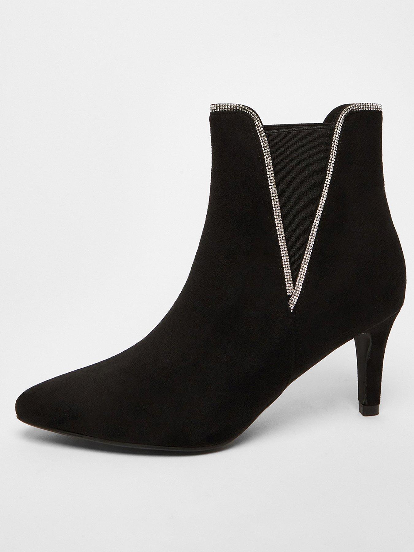 Black Diamante Low Heel Ankle Boots