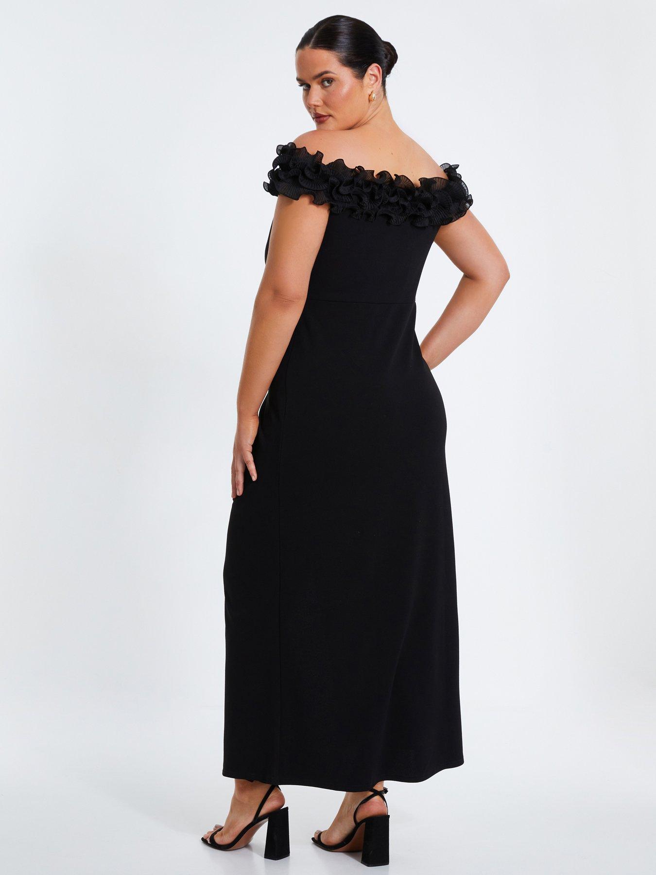 Quiz Curve Black Ruffle Bardot Maxi Dress | Littlewoods