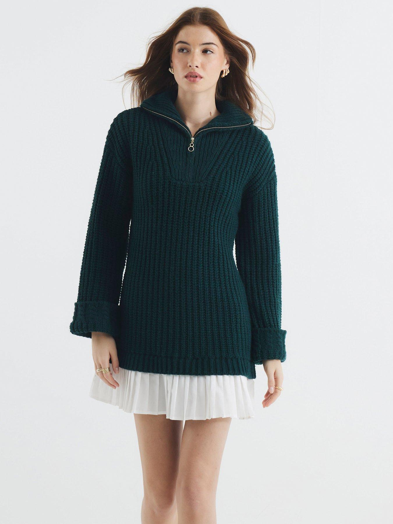 undefined Half Zip Pleated Jumper Dress - Dark Khaki