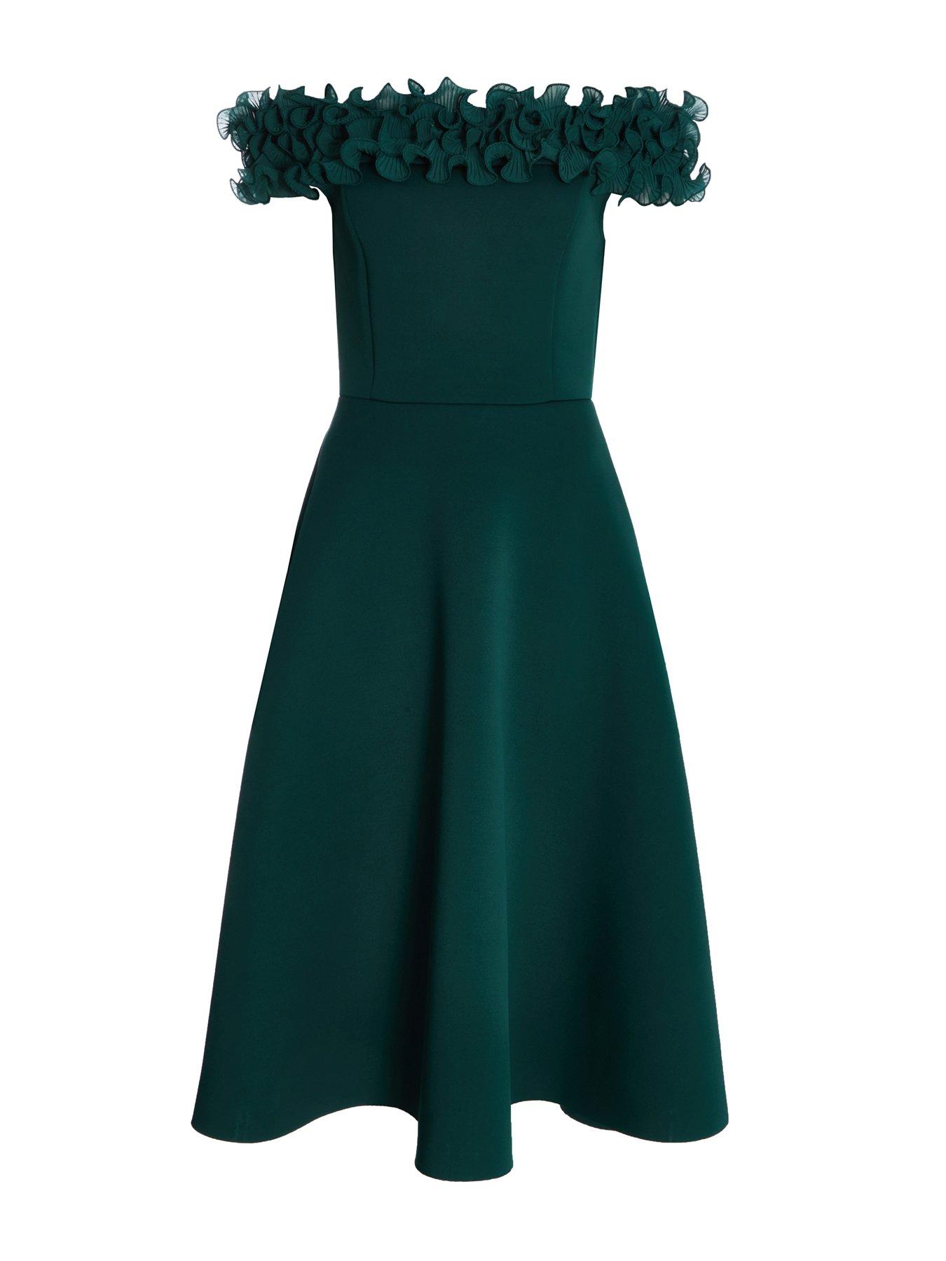 Quiz Bottle Green Bardot Ruffle Skater Midi Dress | Littlewoods