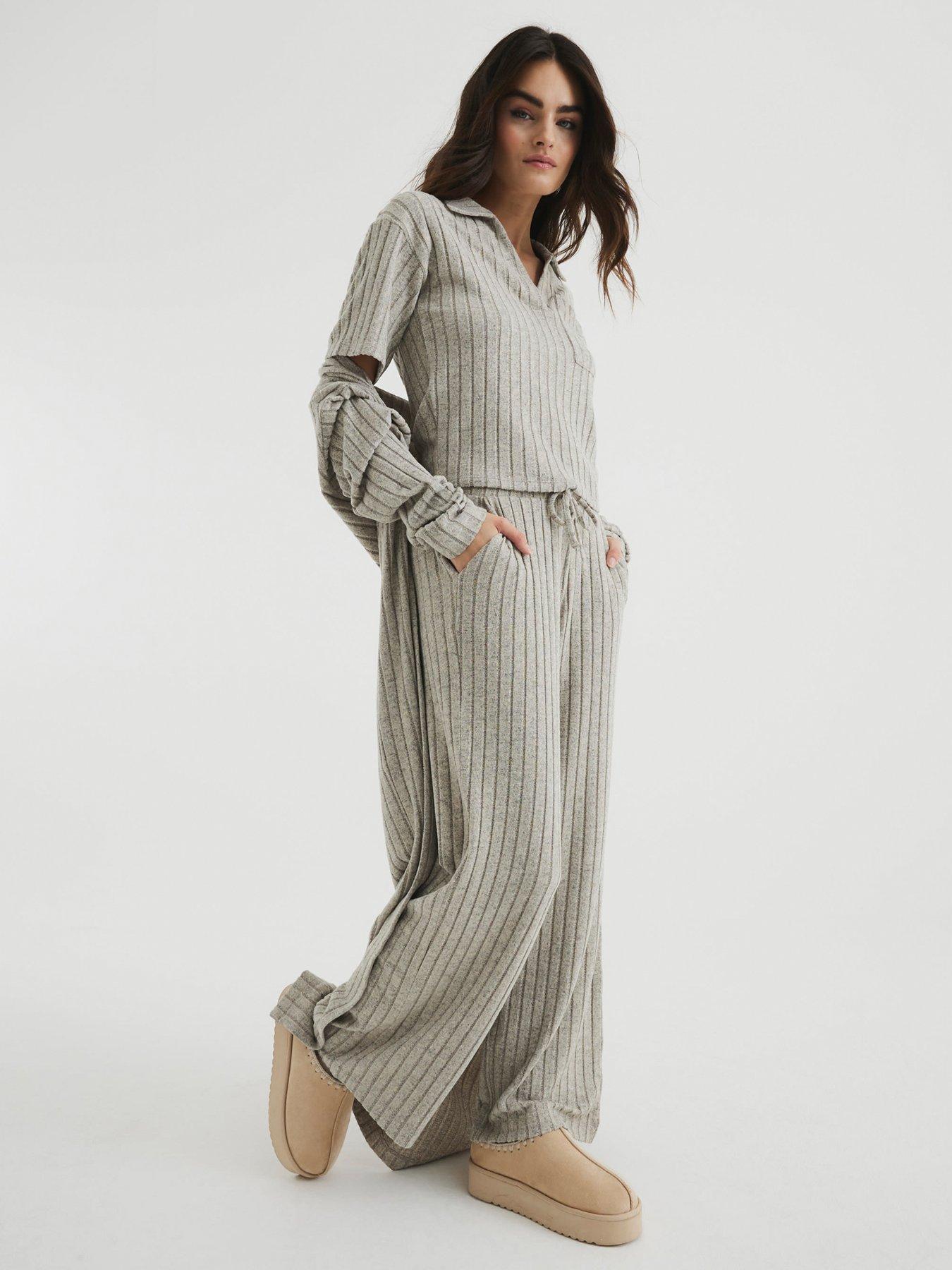 undefined Marl Rib Wide Leg Trouser - Brown Marl
