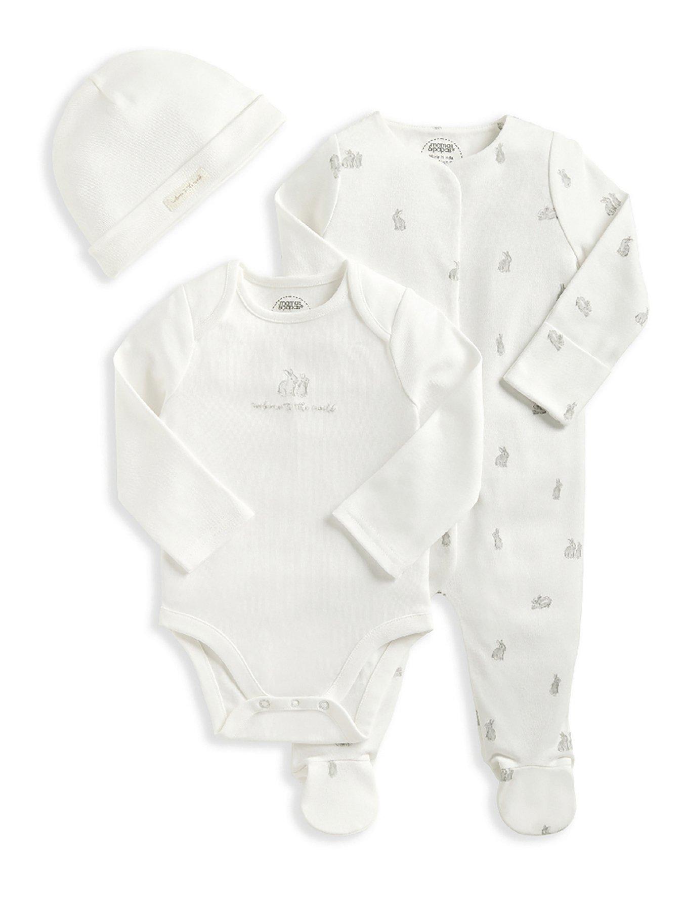 undefined Baby Unisex 3 Piece Bunny Jersey Sleepsuit, Bodysuit & Hat Set - White