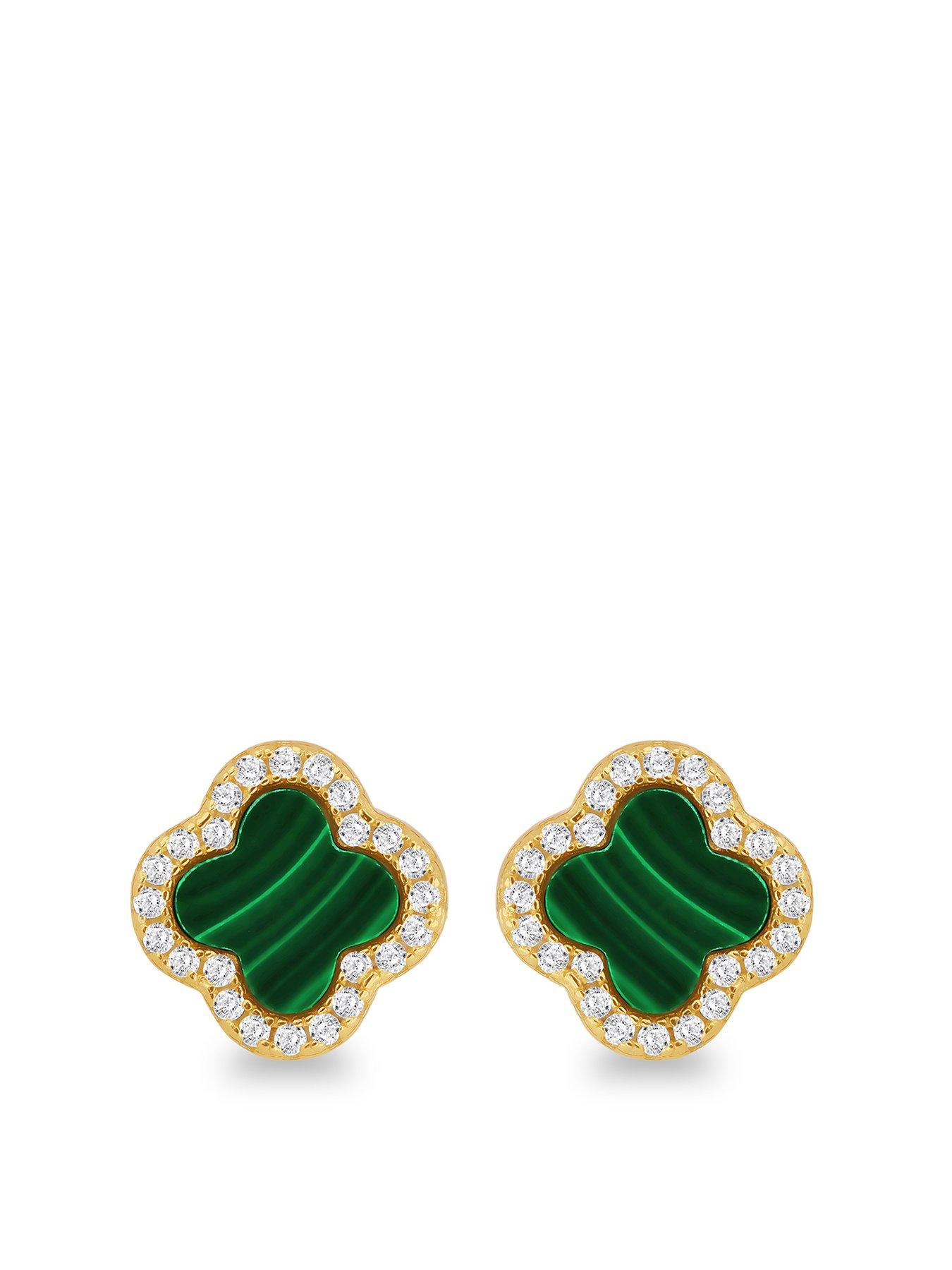undefined Sterling Silver Yellow Gold Plated 11mm x 11mm Clover Malachite and 1mm White CZ Stud Earrings