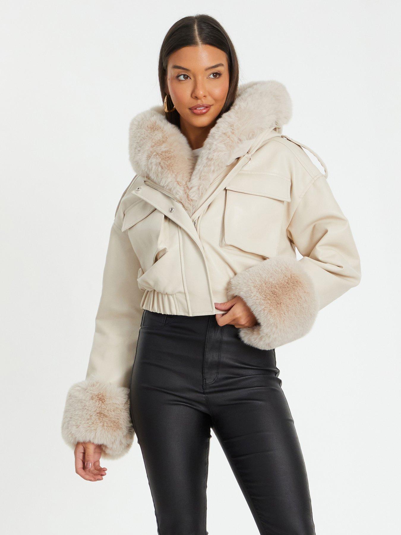 Stone Faux Fur Bomber Jacket