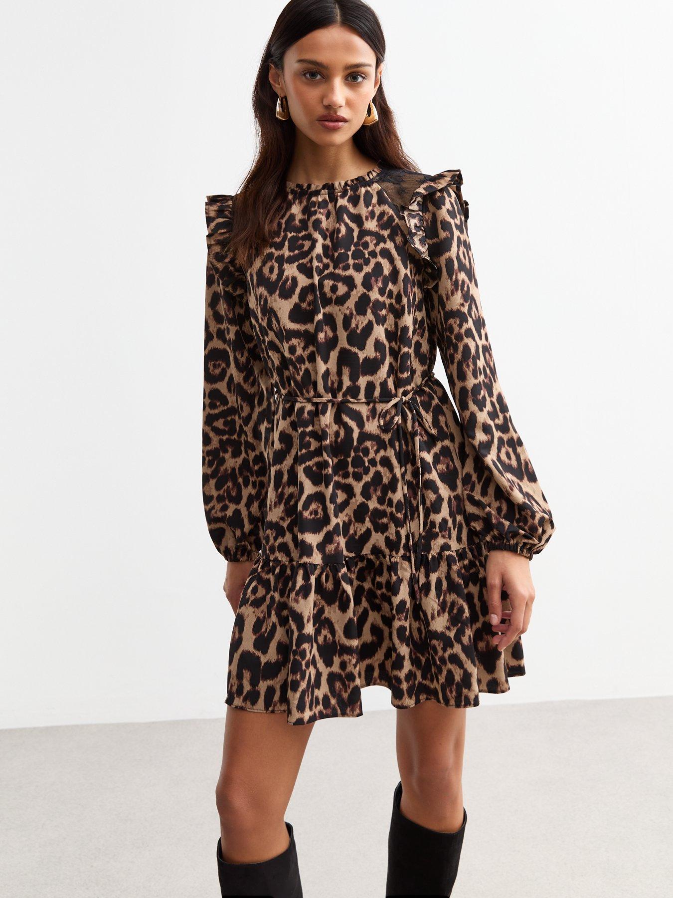 undefined Brown Leopard Lace Trim Ruffle Mini Dress - Print