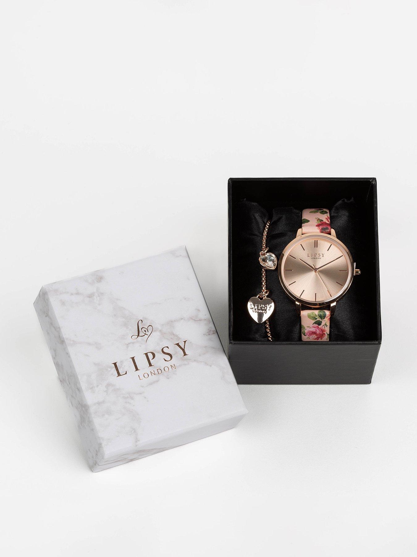 Image 1 of 6 of Lipsy Pink Floral Pattern Strap And Rose Gold Bracelet Watch&nbsp;Set