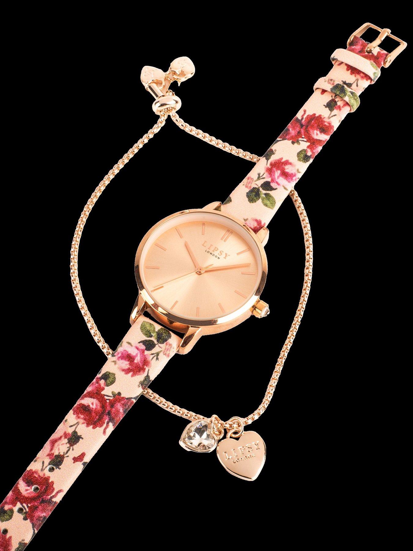 Image 5 of 6 of Lipsy Pink Floral Pattern Strap And Rose Gold Bracelet Watch&nbsp;Set